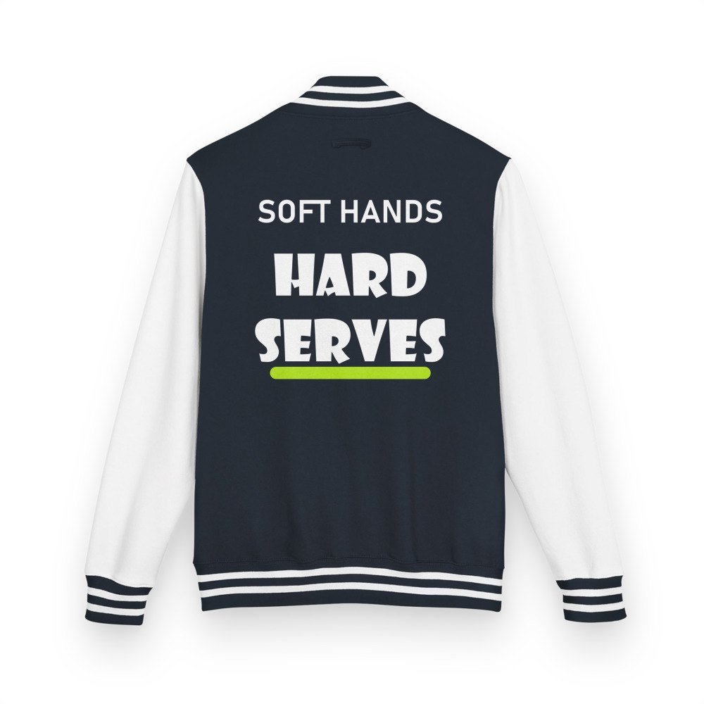 Sensational Pickleball Soft Hands Hard Serves Varsity Jacket Oxford Navy/Arctic White